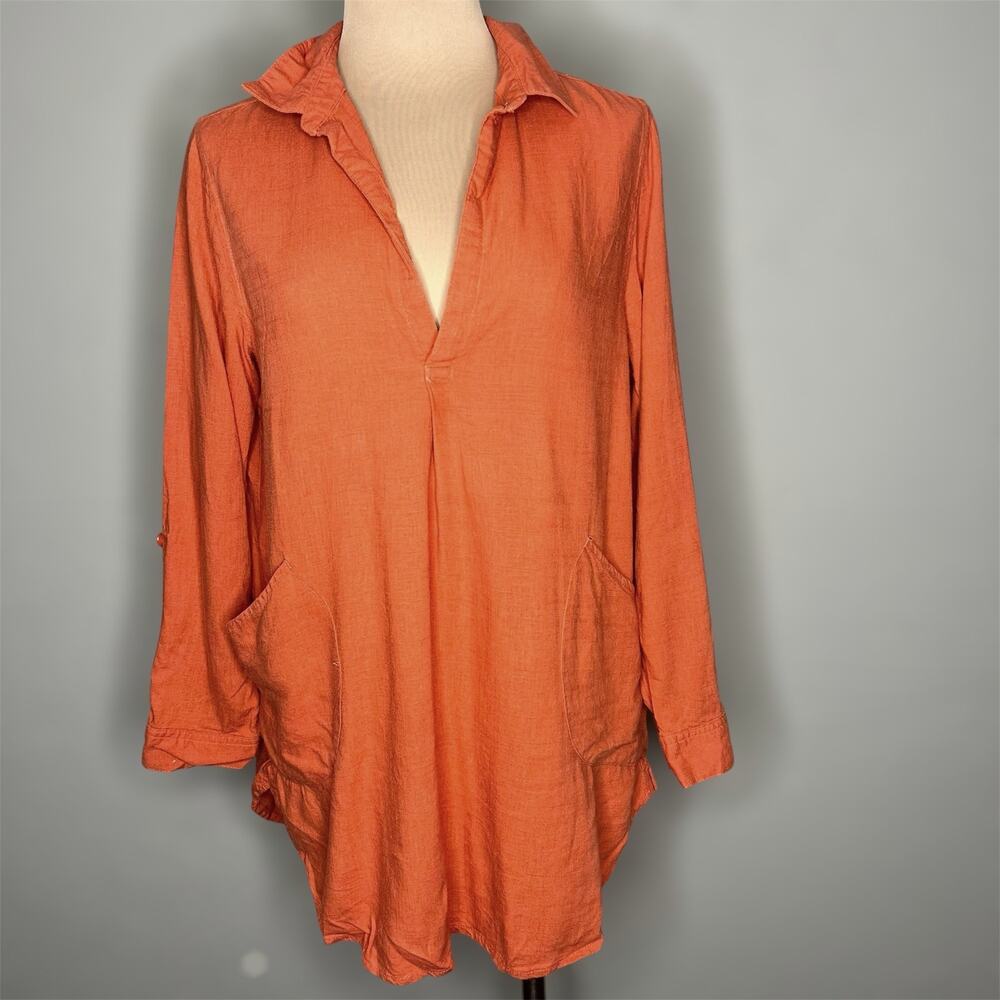 ForCynthia Beachwear Linen Blend Tunic Top Large Women Orange Pocket Long Sleeve